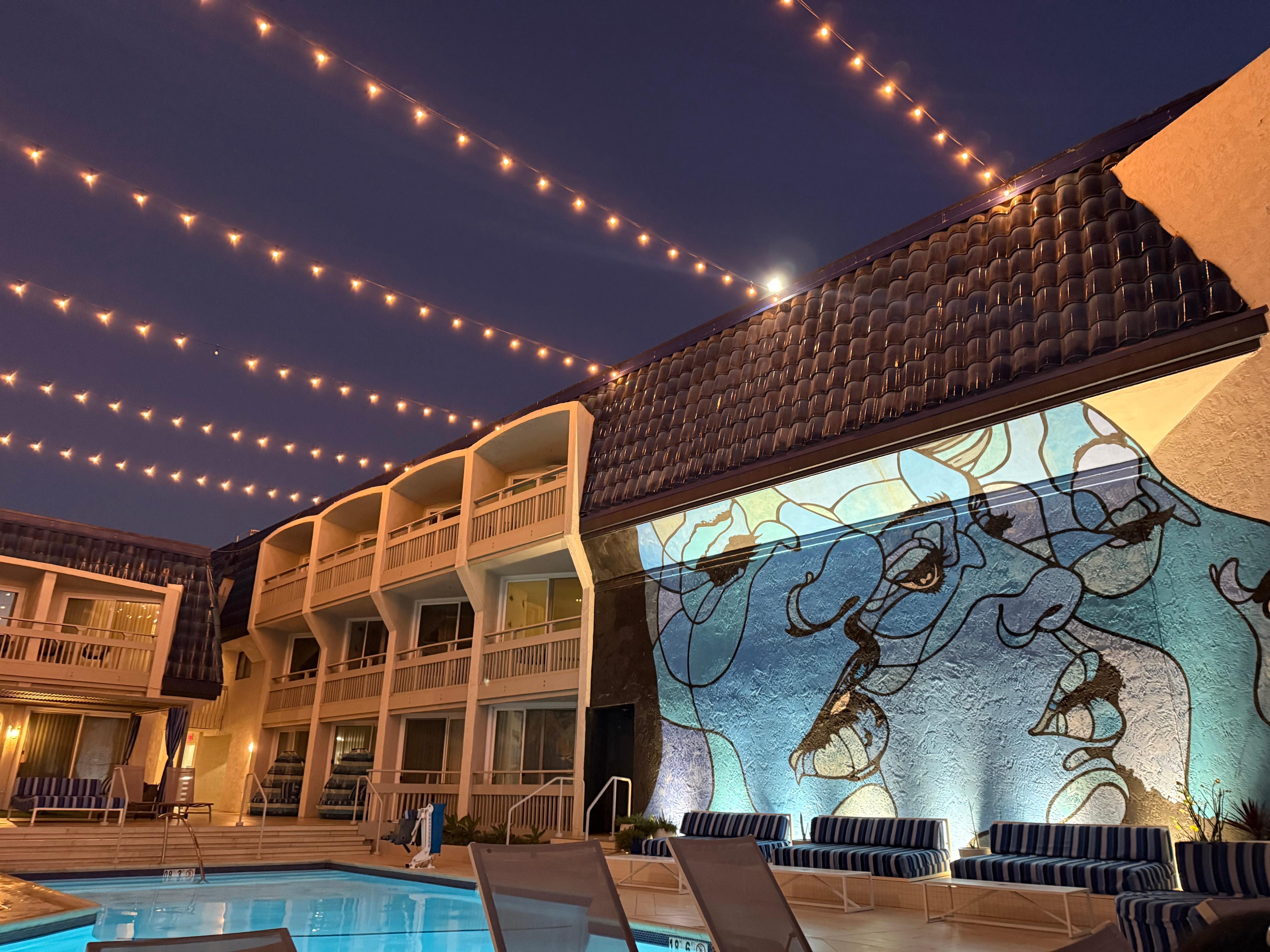 One side of the pool/lounge area at night