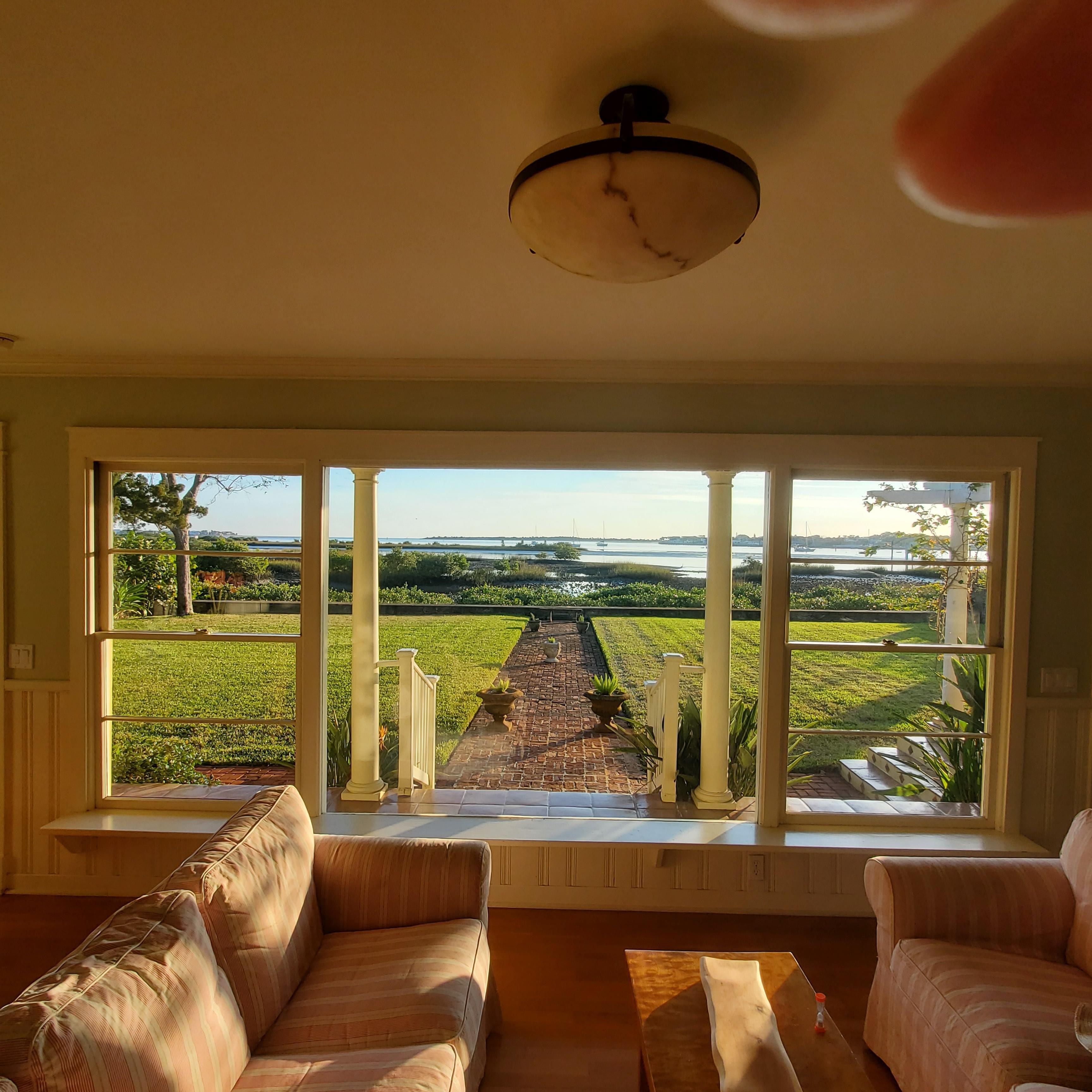 Living Room looking east at the Atlantic Ocean inlet.