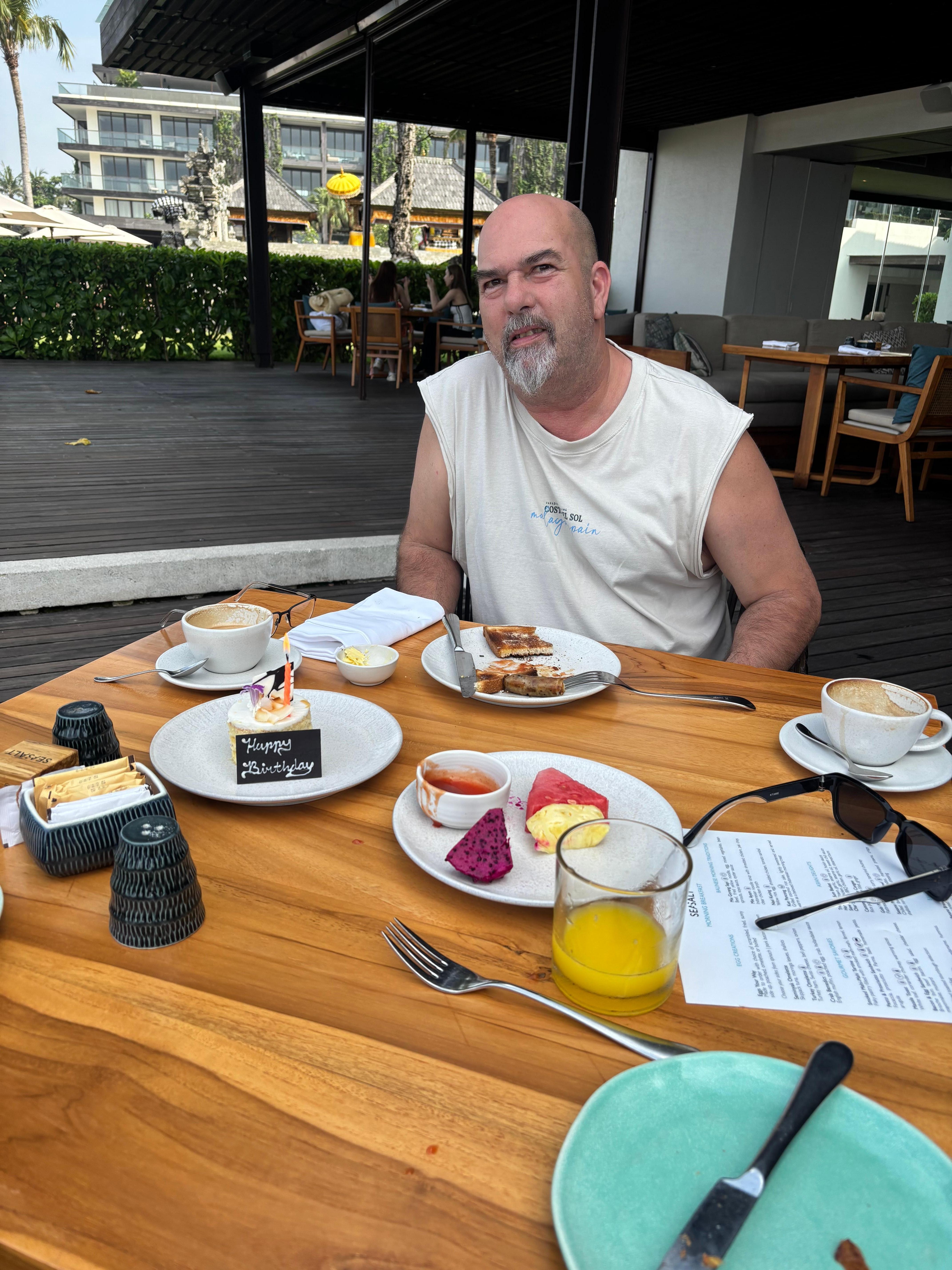 Breakfast and staff made cake for husband birthday 