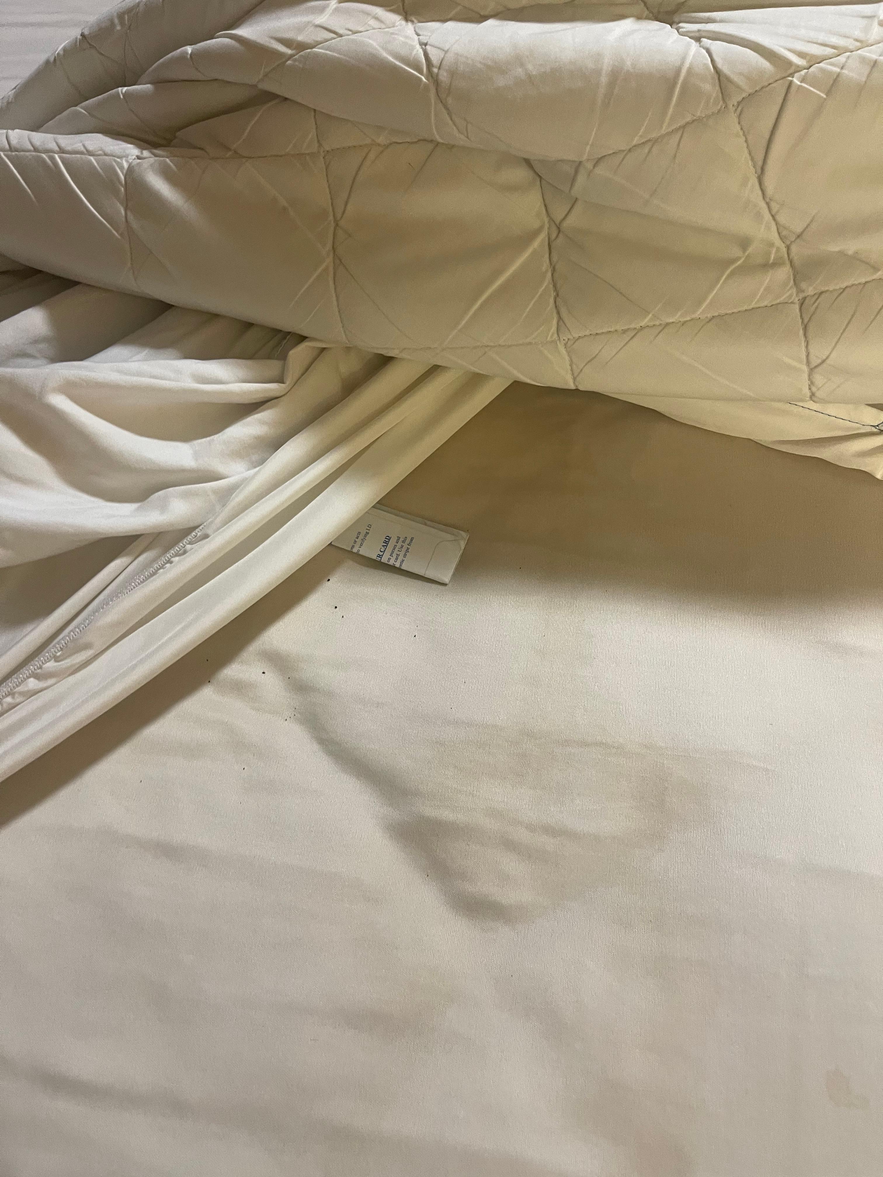 It had trash and dirt also spot all over the bed sheet but the lady at off says it is the bed covering it was still nasty.