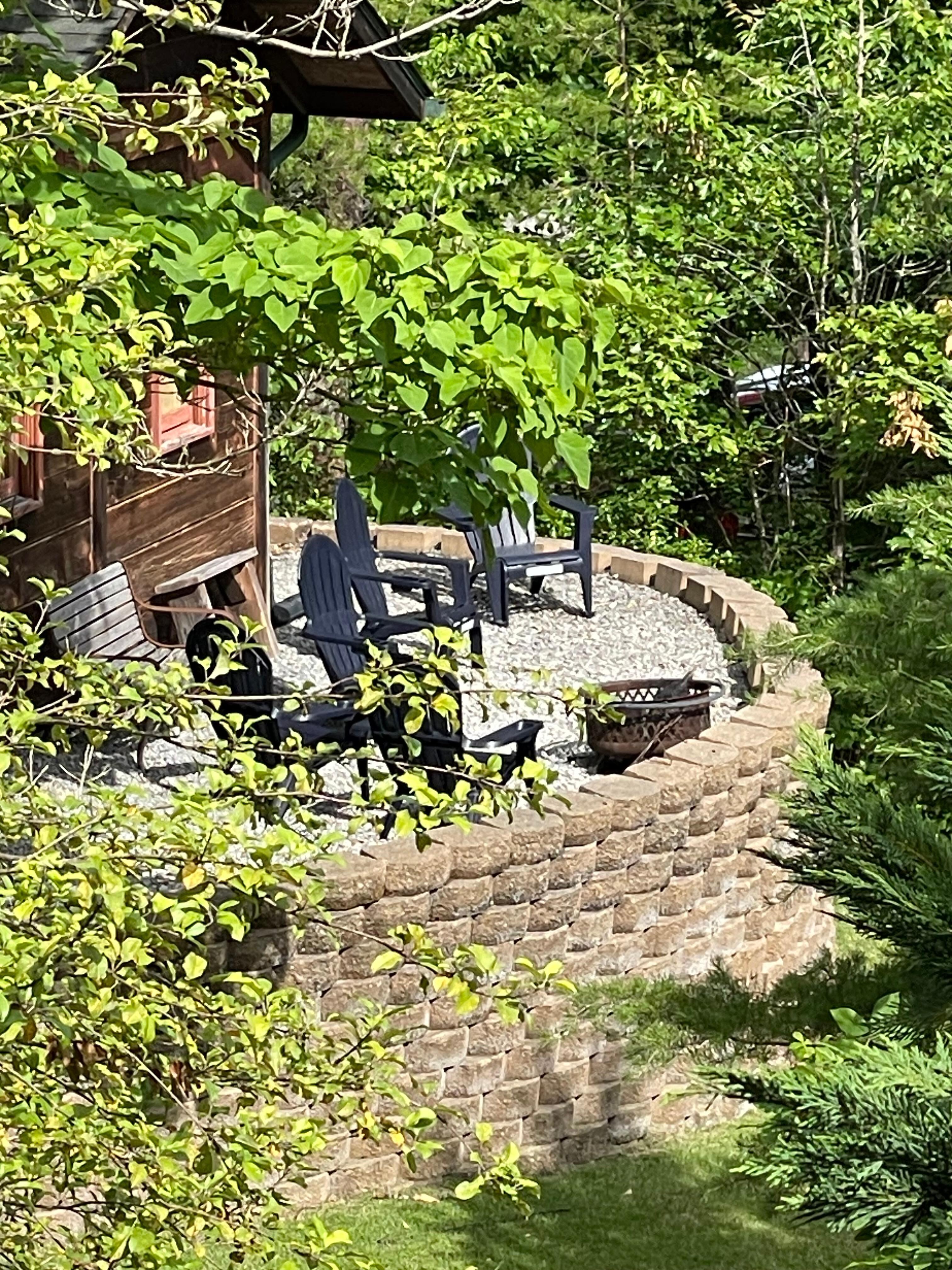 Fire pit area. The view is from the cabin side deck. 