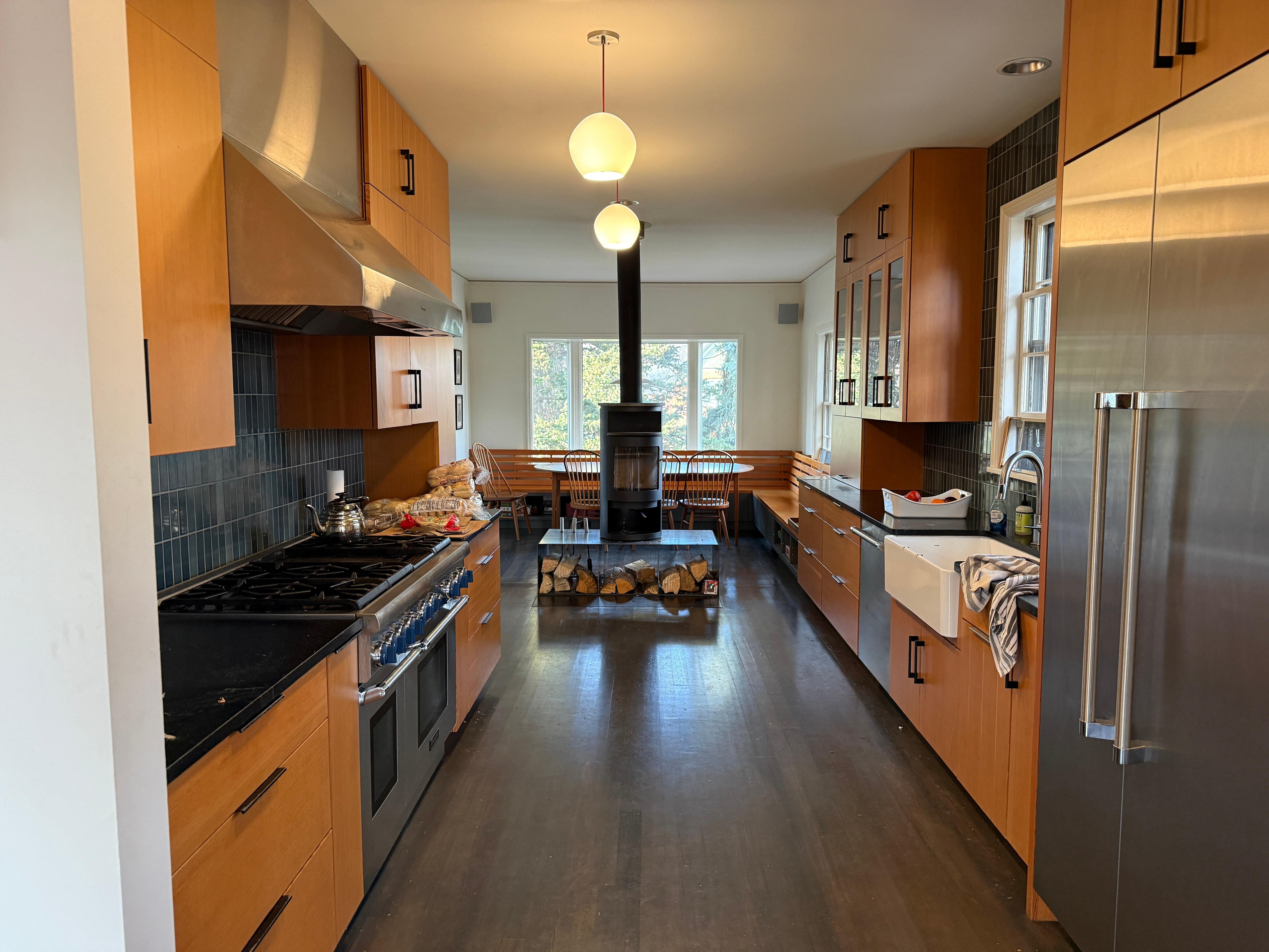 Chefs kitchen with wood burning stove