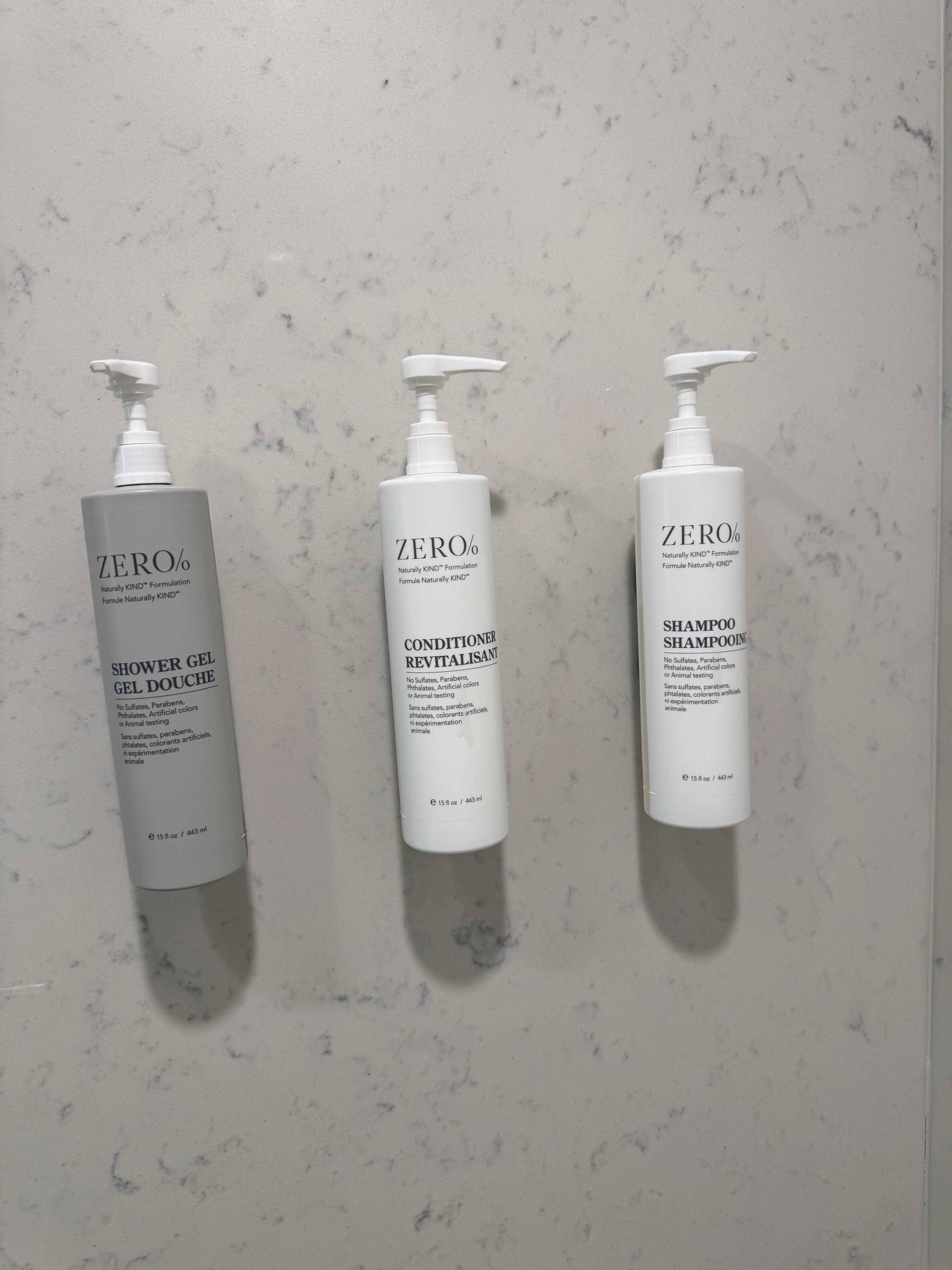 The bathroom has shampoo, conditioner and soap