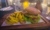 Burger and fries at roc top restaurant