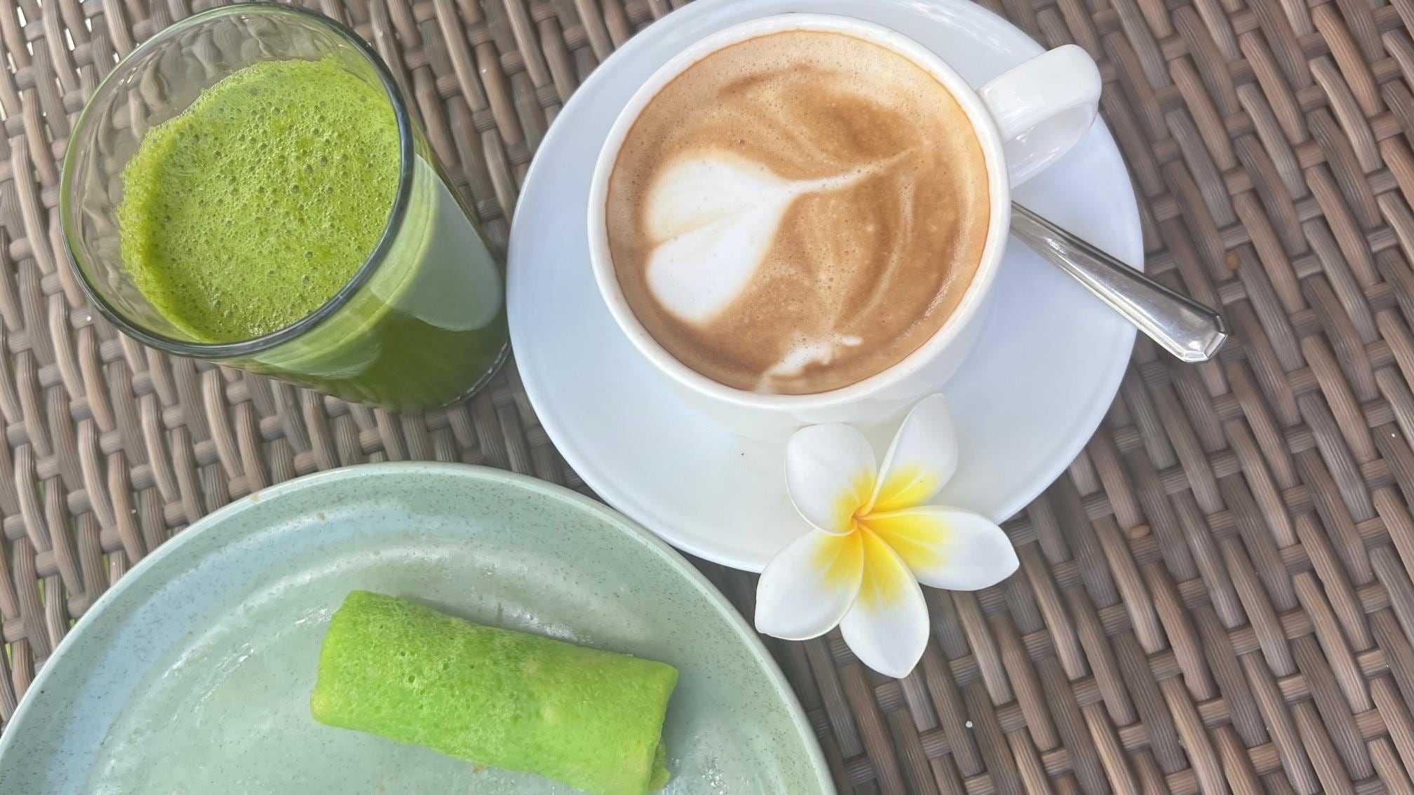 cappuccino, green juice and indonesian dessert
