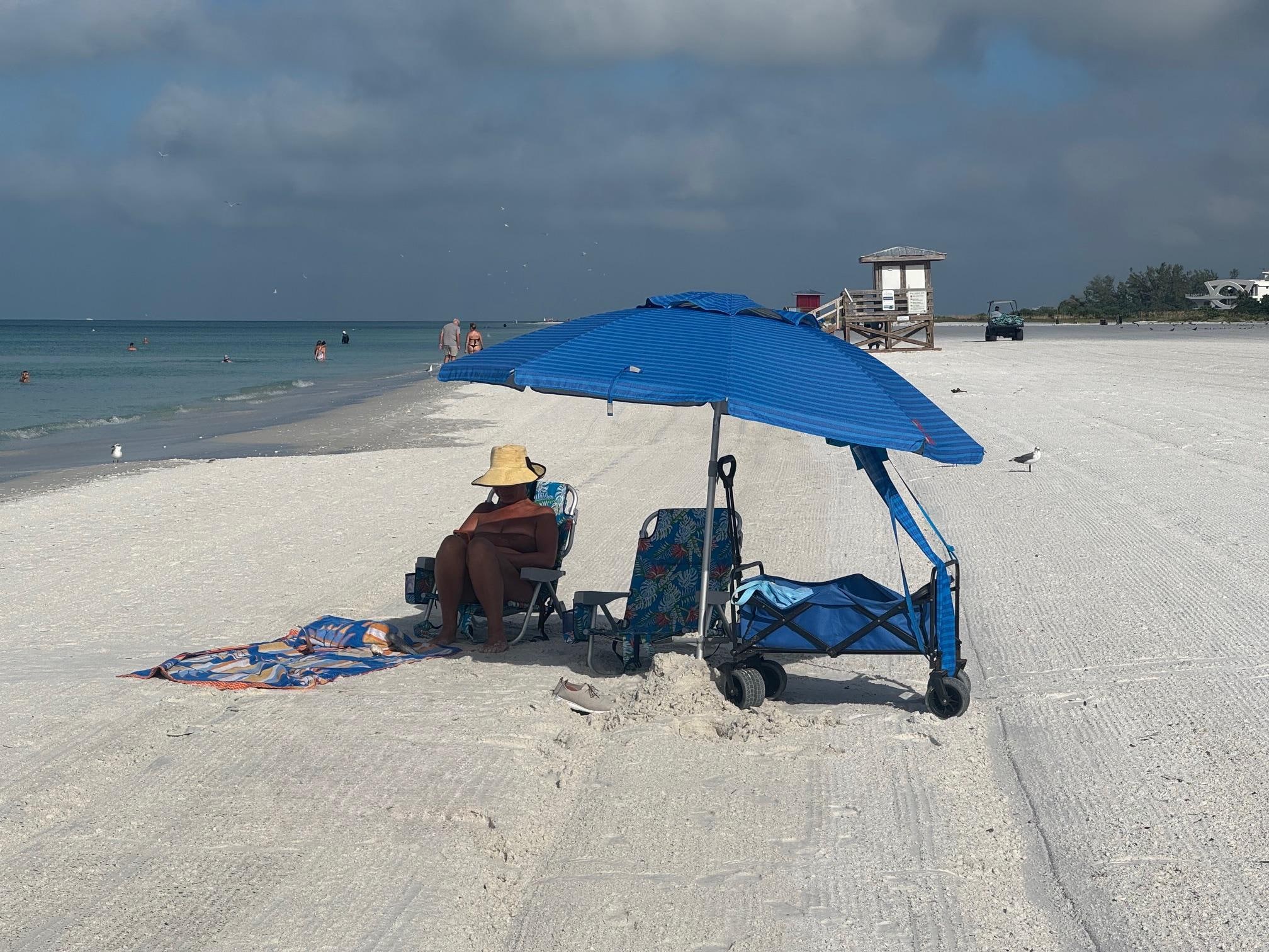 Beach towels, beach umbrella, beach chairs and a wagon...all provided.