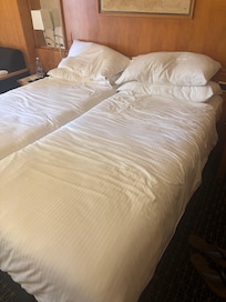 Two lumpy twin beds shoved together and called a ‘double’ — bedding wrinkled and cheap, mattress harder than stone. Comfort clearly isn’t a priority.