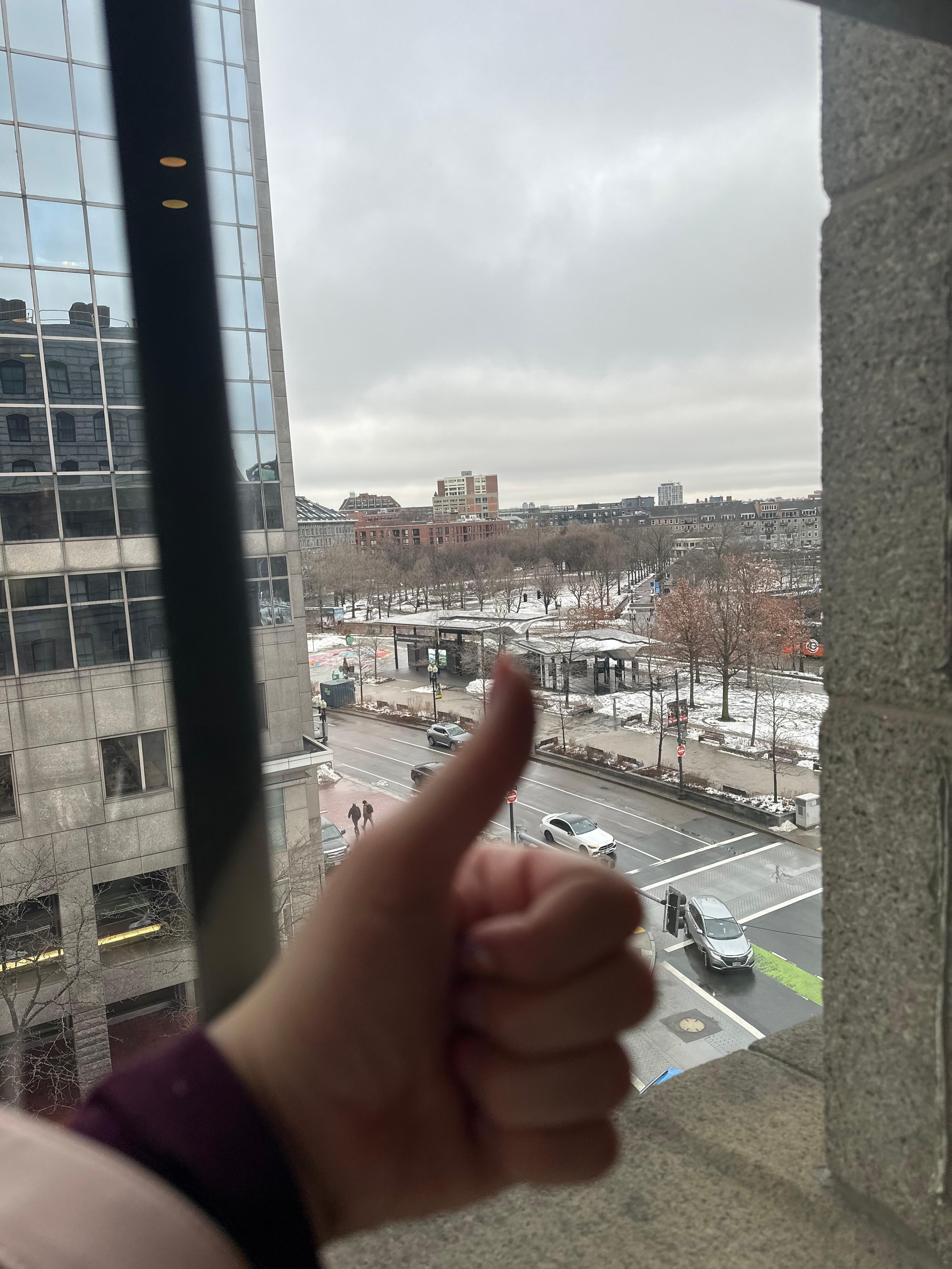 The view (ignore the thumbs up, it was a running joke to send a picture to my mother whenever I got to a different place throughout the entire trip as I was traveling to Boston solo) 