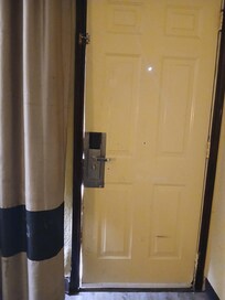 See all the light coming in around door ( and was 37 outside) top security lock was broke off.