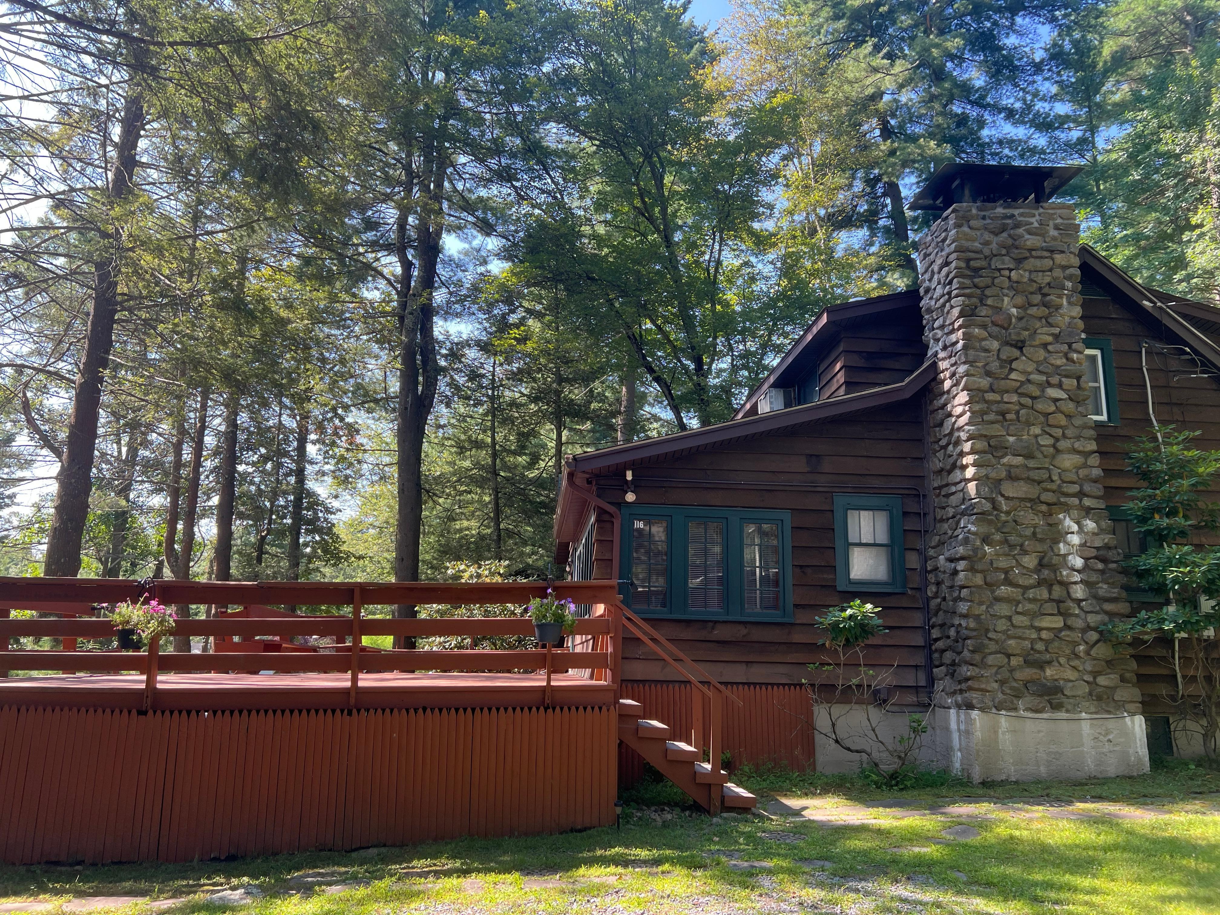 Surrounded by tall evergreens