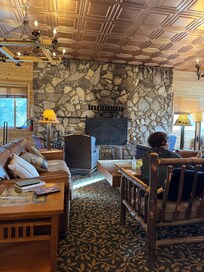 Fireplace and couches where we hung out in the evening after a hard day of hiking
