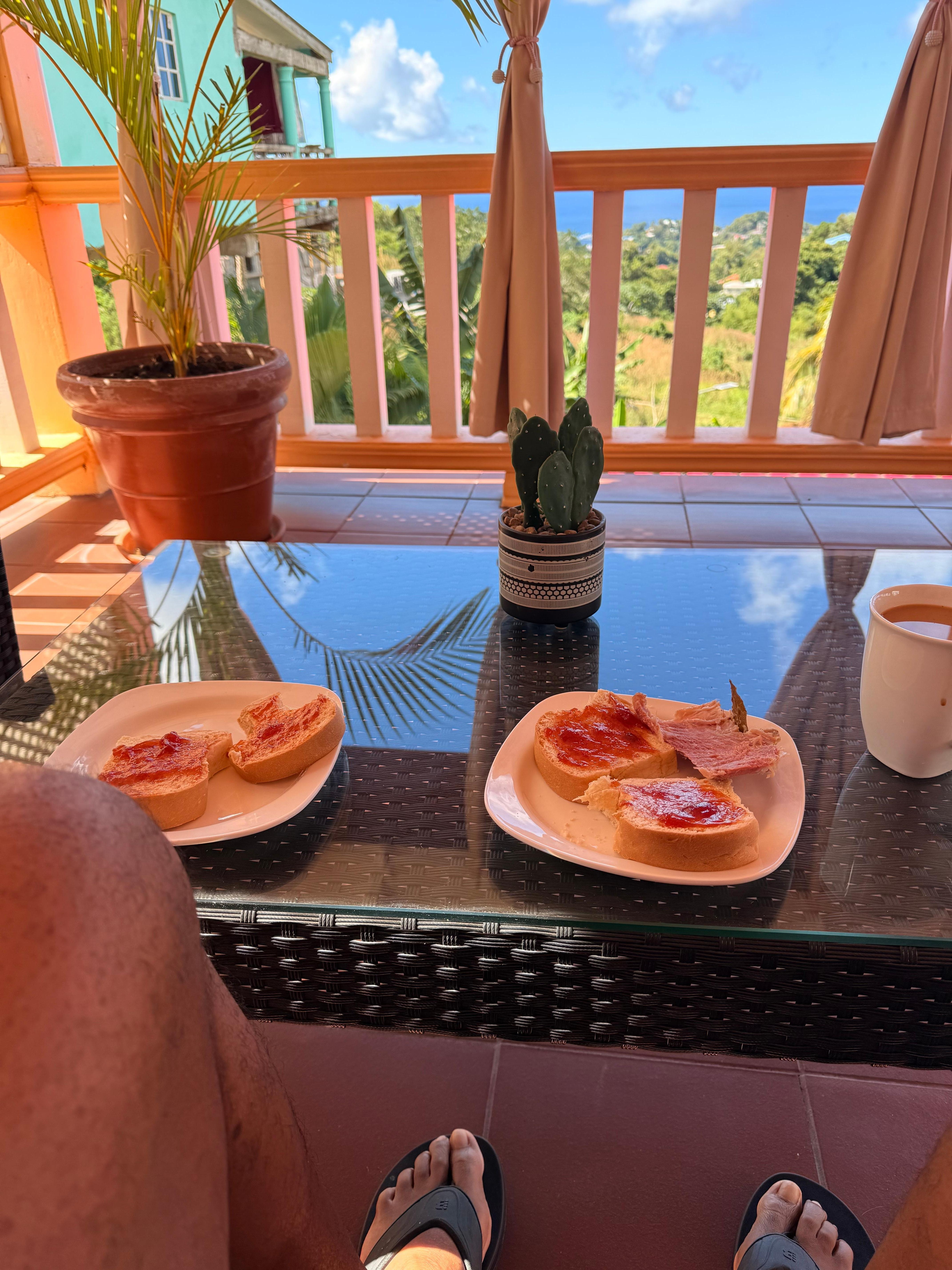 Breakfast on the patio everyday. 