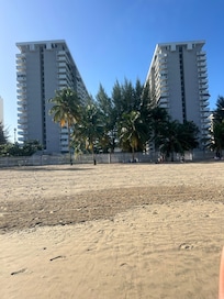 View of the buildings from the beach