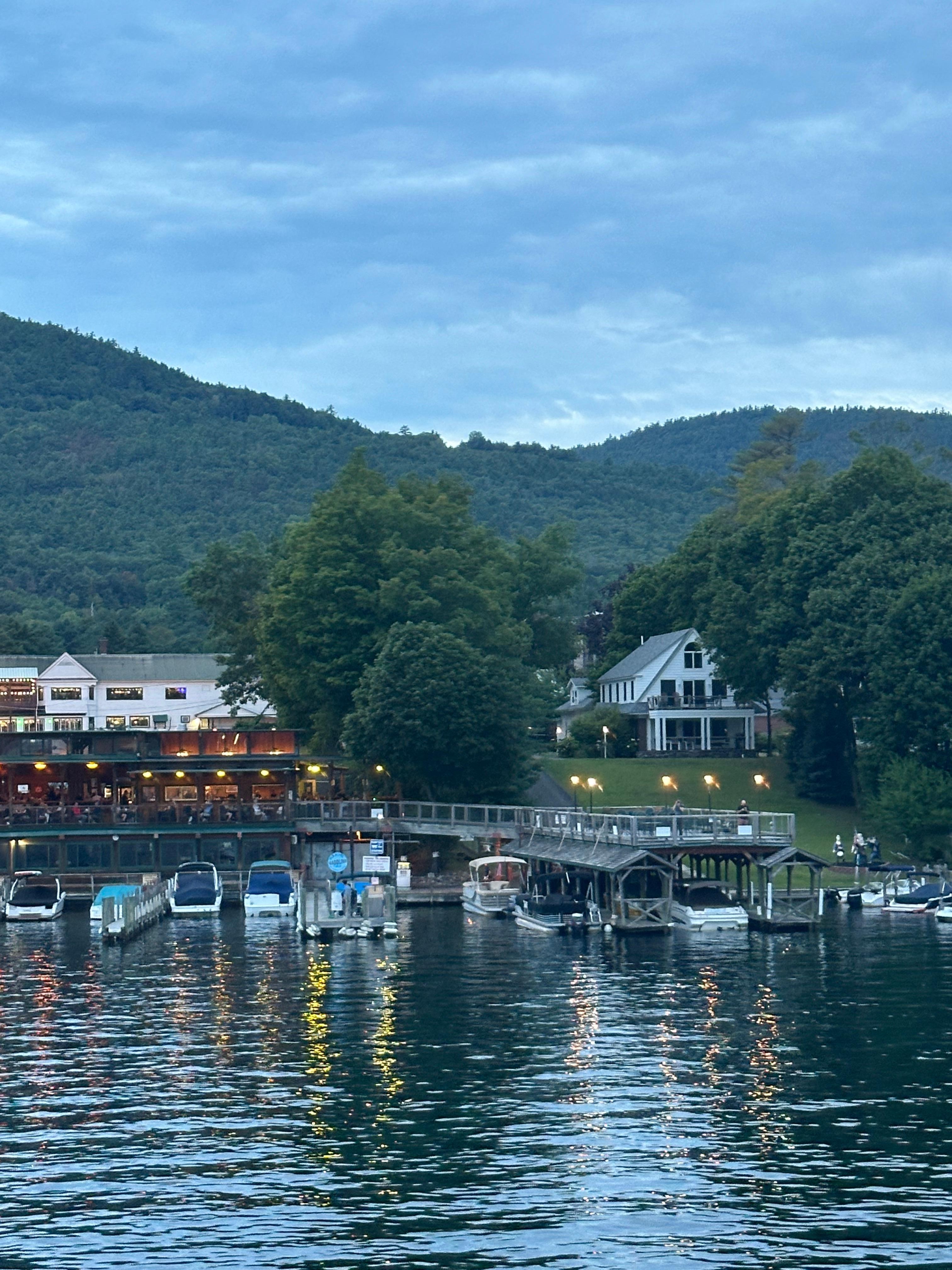 View of the property and Boardwalk restaurant from the lake. 