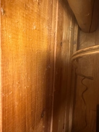 Floor and baseboard covered in a thick layer of dust.