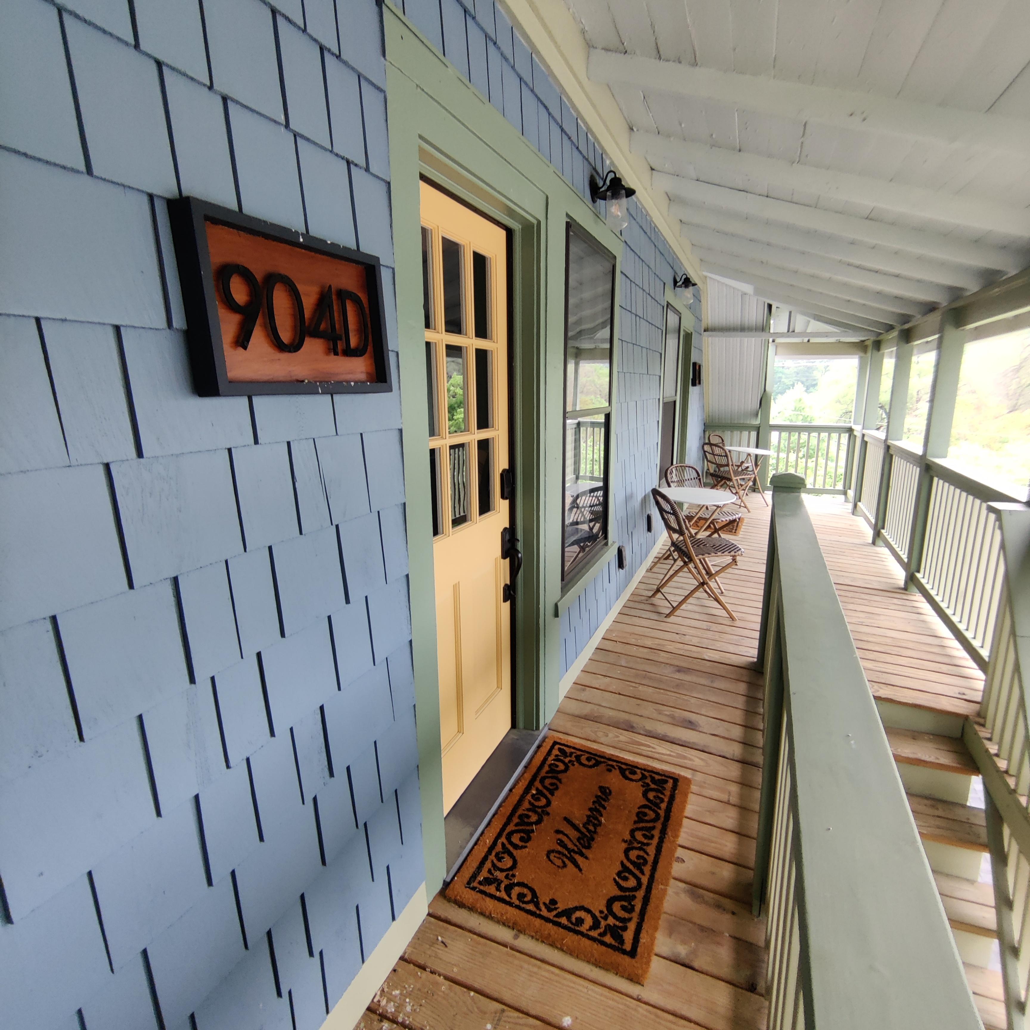 The entrance - cafe table and chairs are a nice touch!
