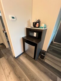 Microwave and mini fridge with coffee pot