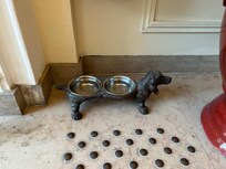 Water dish for dogs in hotel entry.