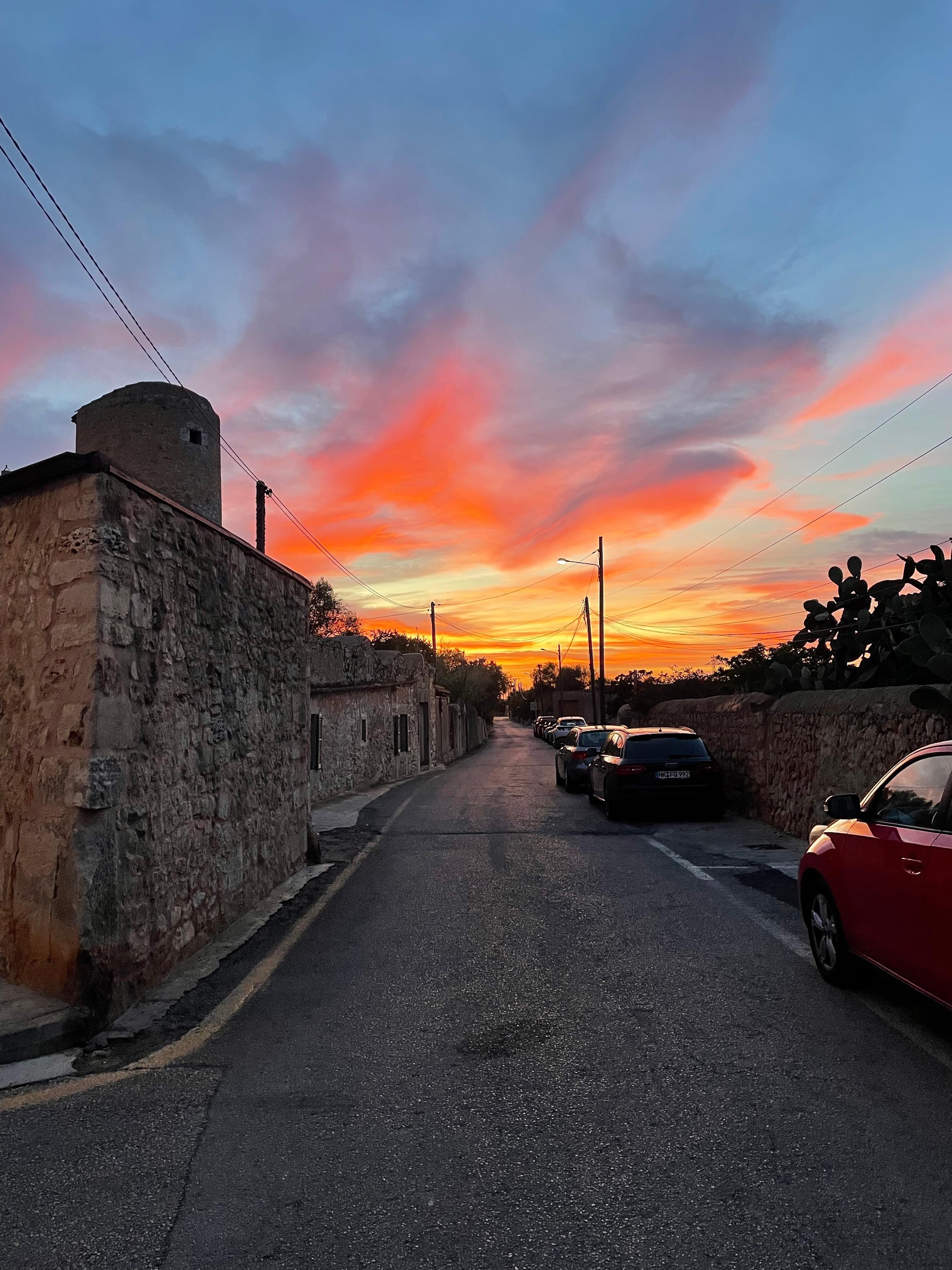 The mill (left) at sunset
