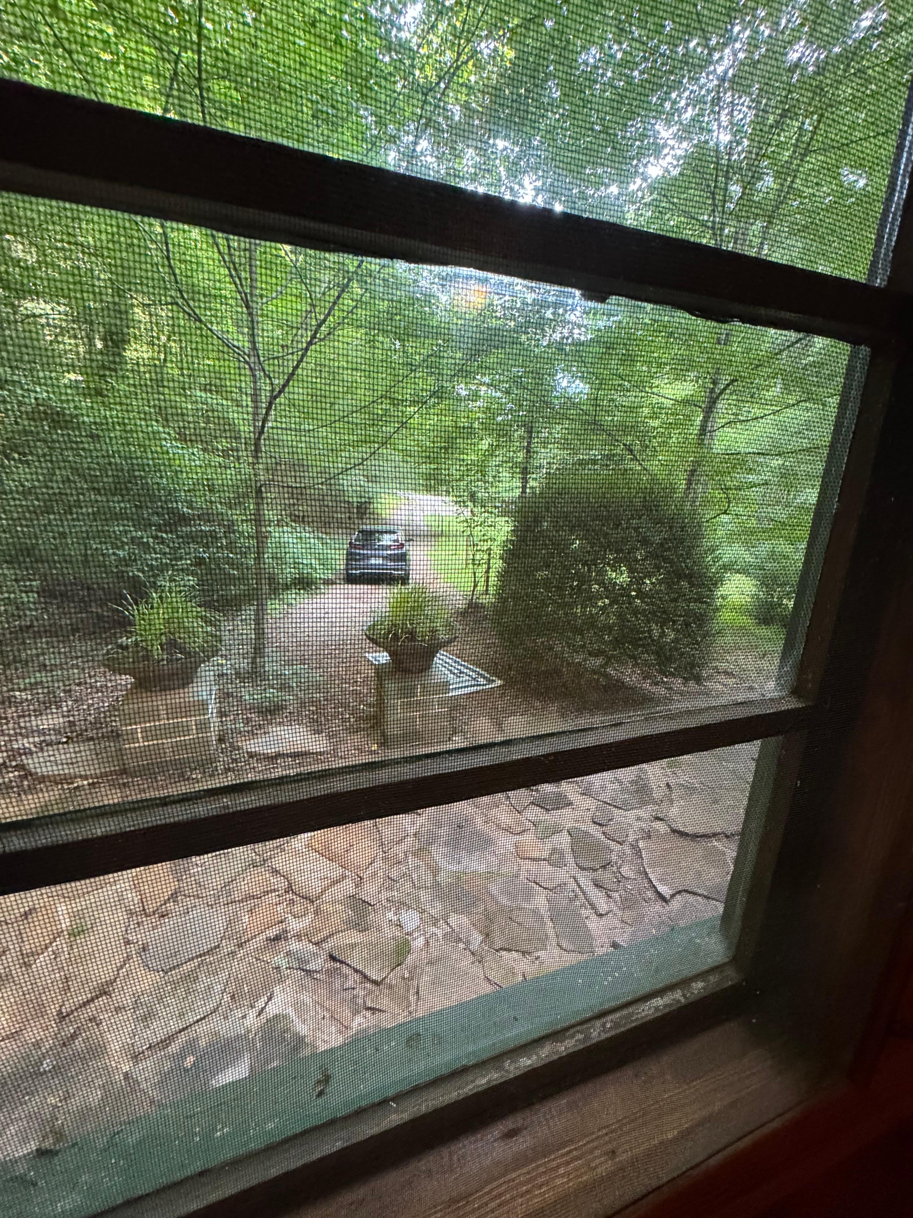 Parking view from indoors. End of driveway begins the falls overlook 