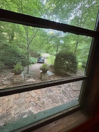 Parking view from indoors. End of driveway begins the falls overlook