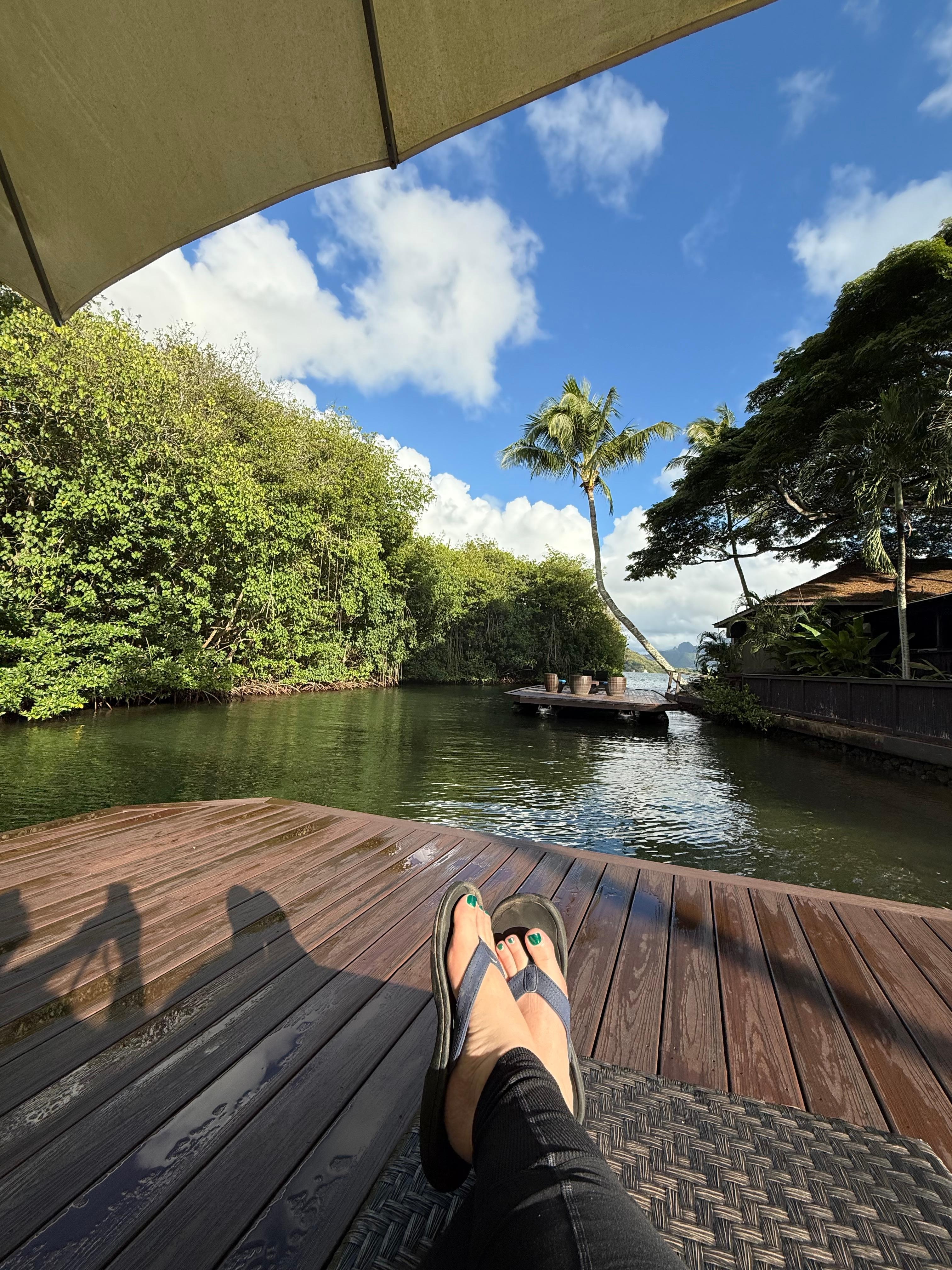 Relaxing on the floating dock before yoga 