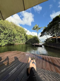 Relaxing on the floating dock before yoga