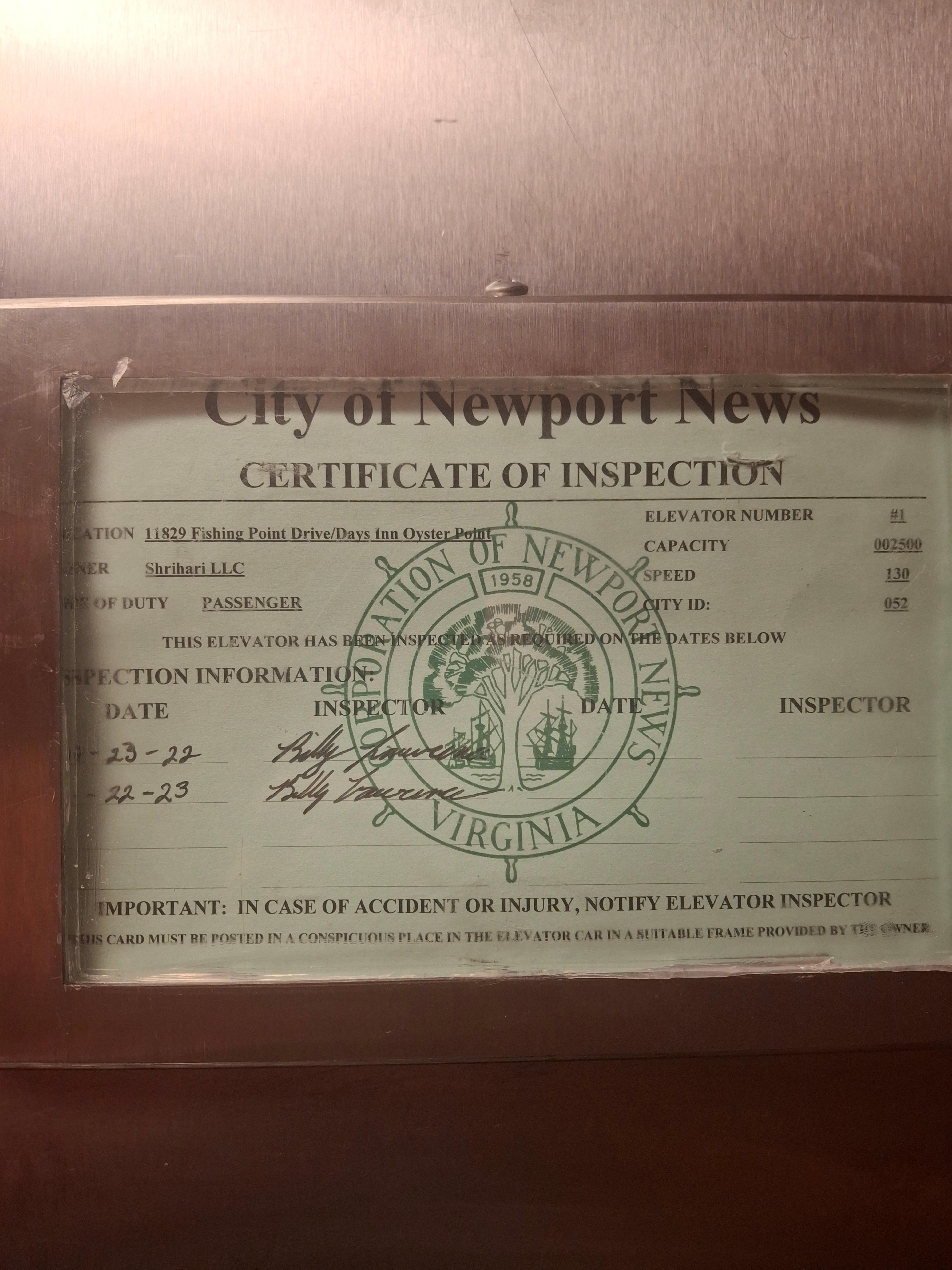 Expired inspection on the elevator