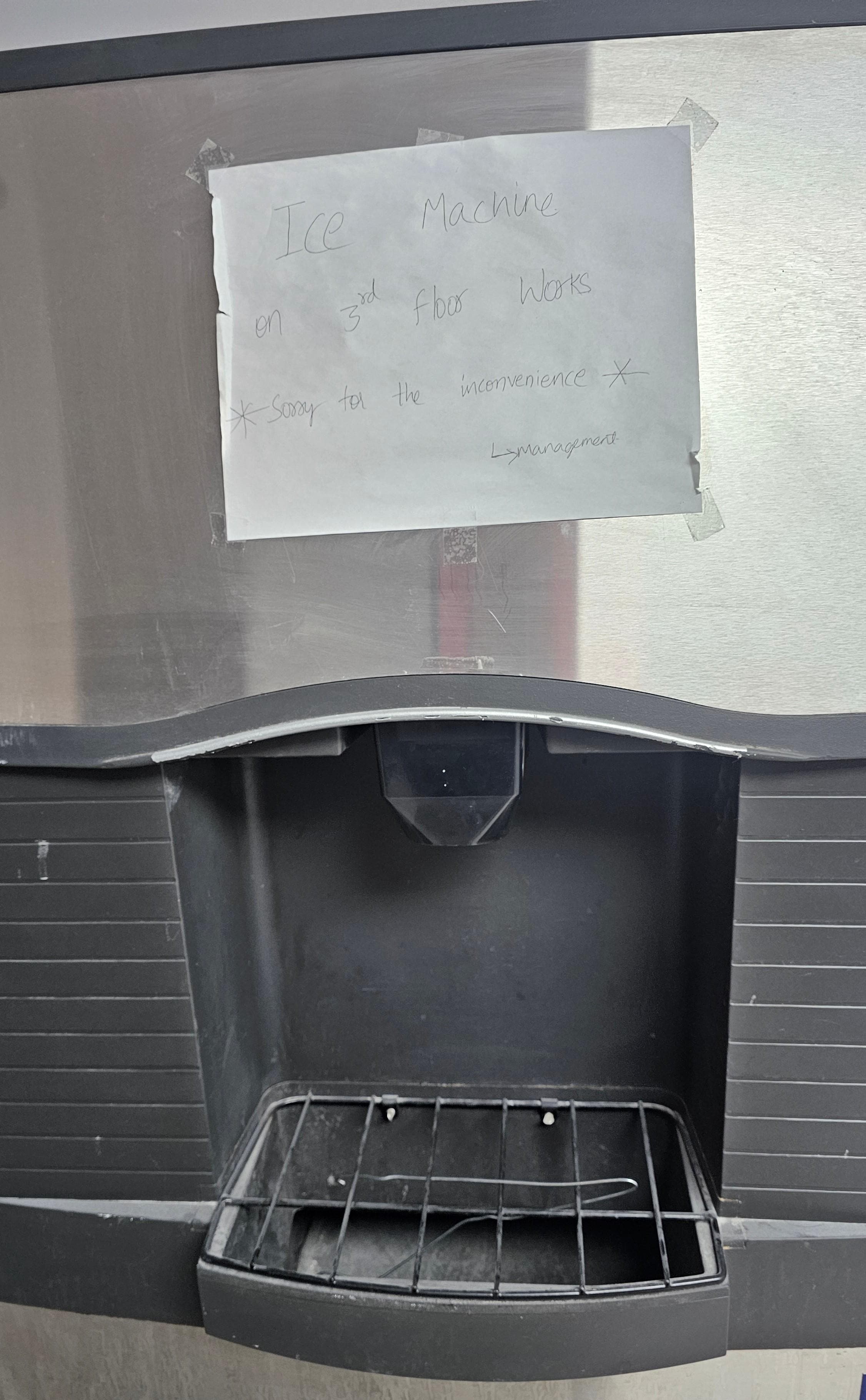 Broken ice machine on the 1st floor since April.
