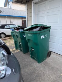 Full garbage/recycling bins right in front of garage