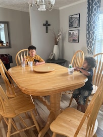 Having lunch at an open kitchen, dining and living room area
