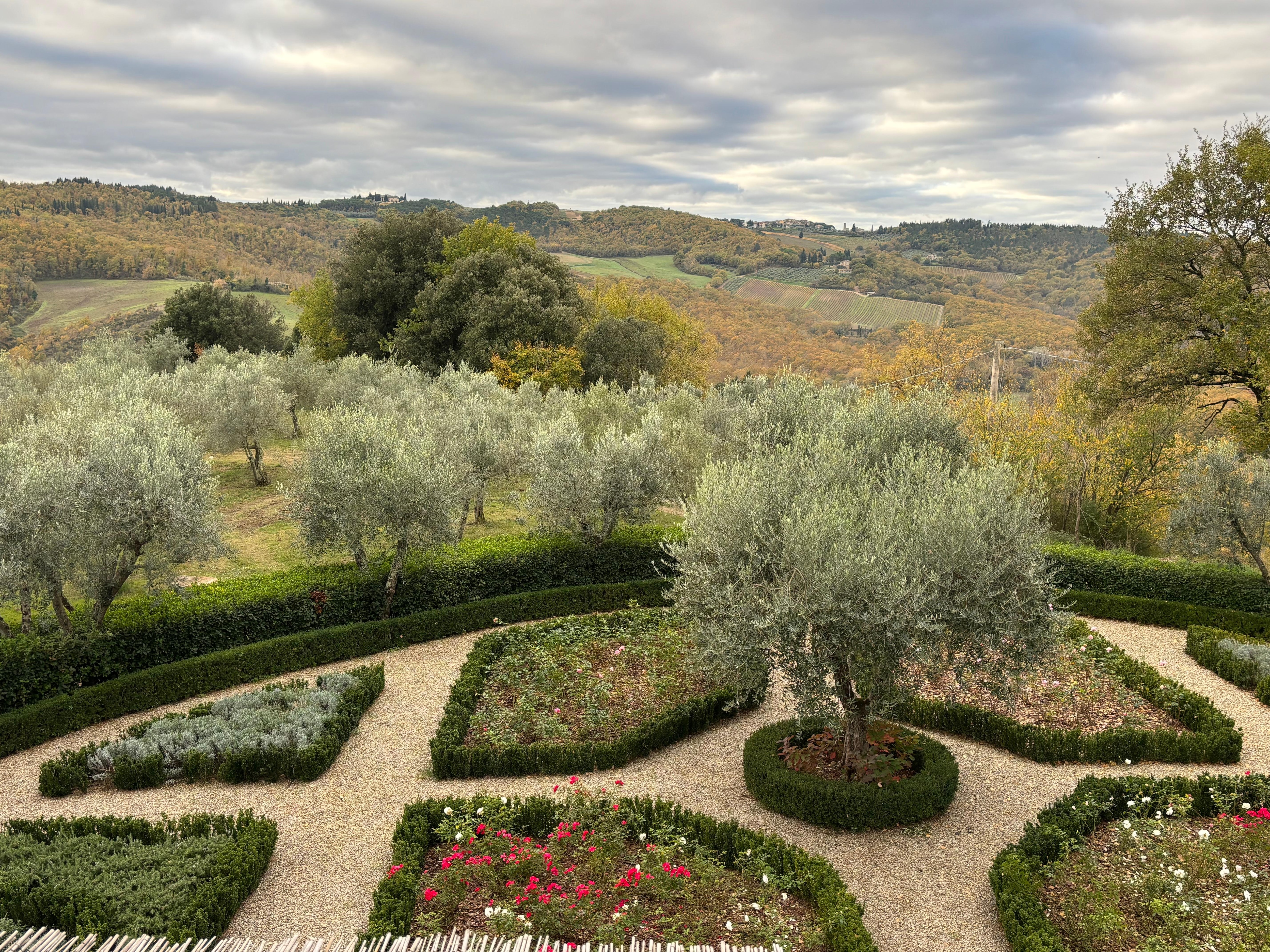 View from Master deck out over the Italian garden towards the olive grove