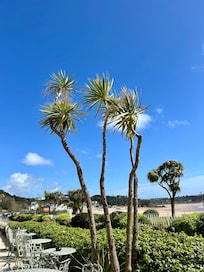 On the terrace at the front of the hotel.
