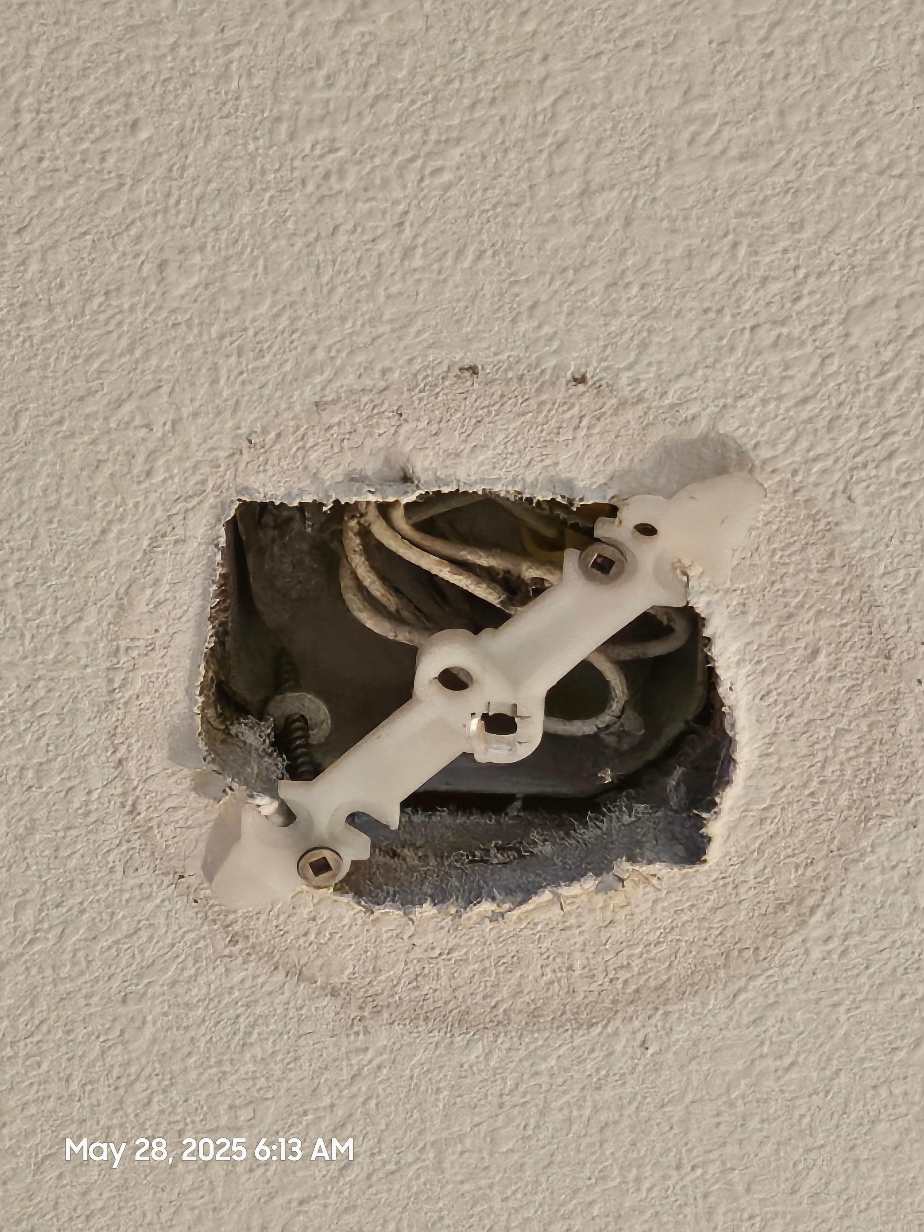Exposed wires where there must have been a ceiling fan. Not sure this will pass an inspection