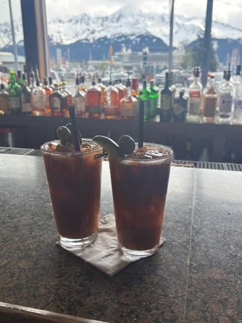 Bloody Mary's overlooking the Cruise Ships at the Breeze Inn Restaurant and Lounge