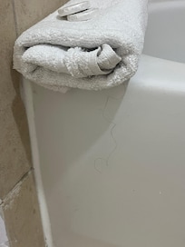 Long black hair hanging from the folded towel