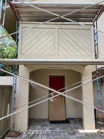 scaffolding covering the front entrance
