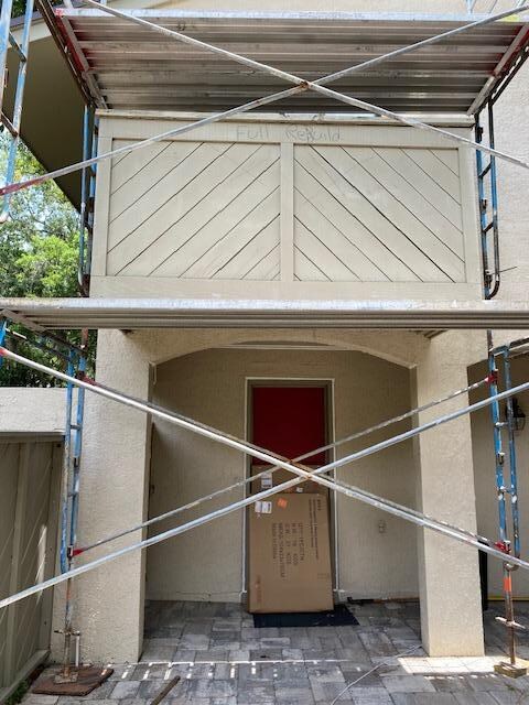 scaffolding covering the front entrance