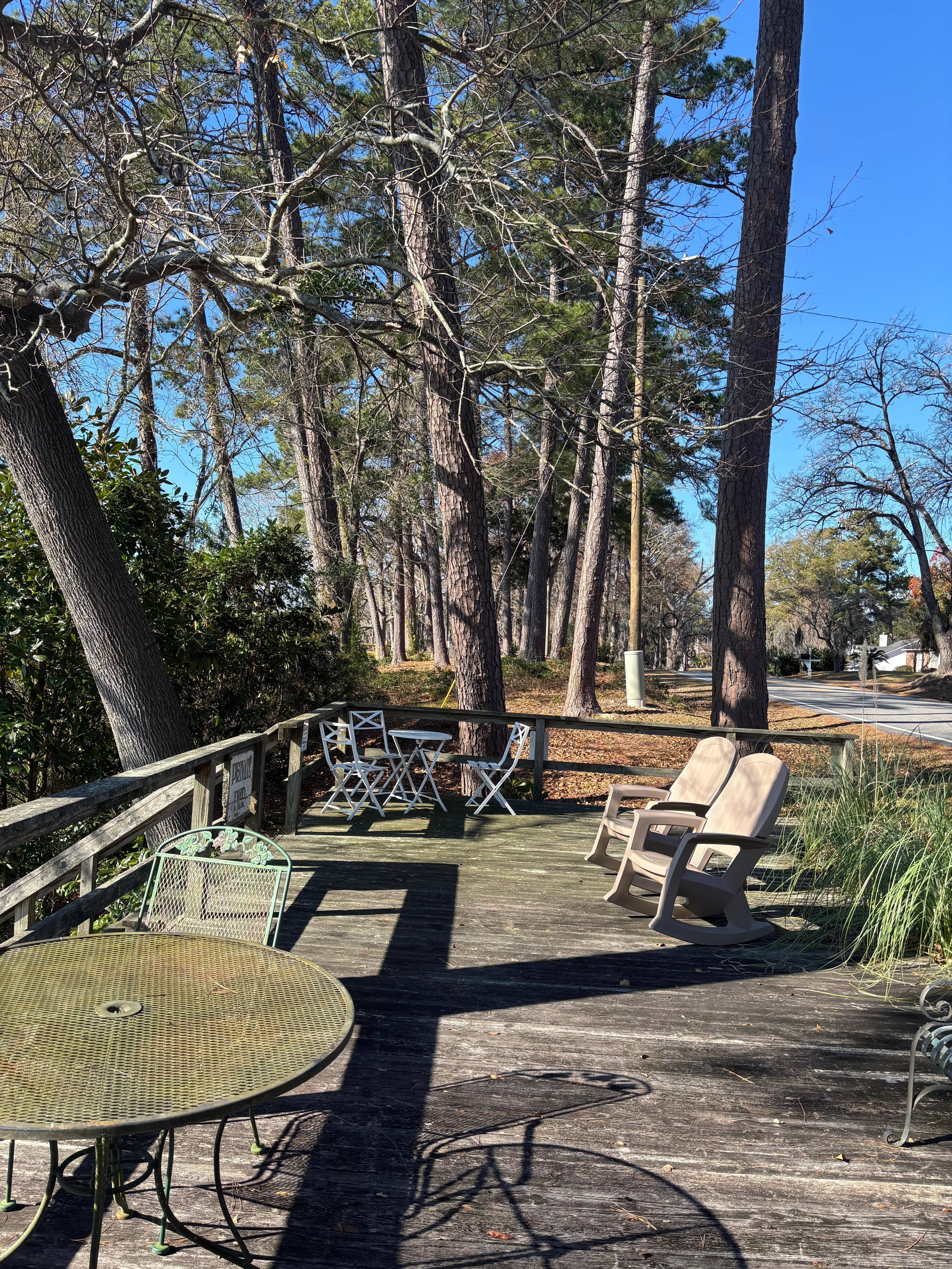 Deck and lake across street from townhouse