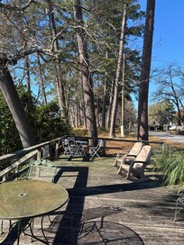 Deck and lake across street from townhouse