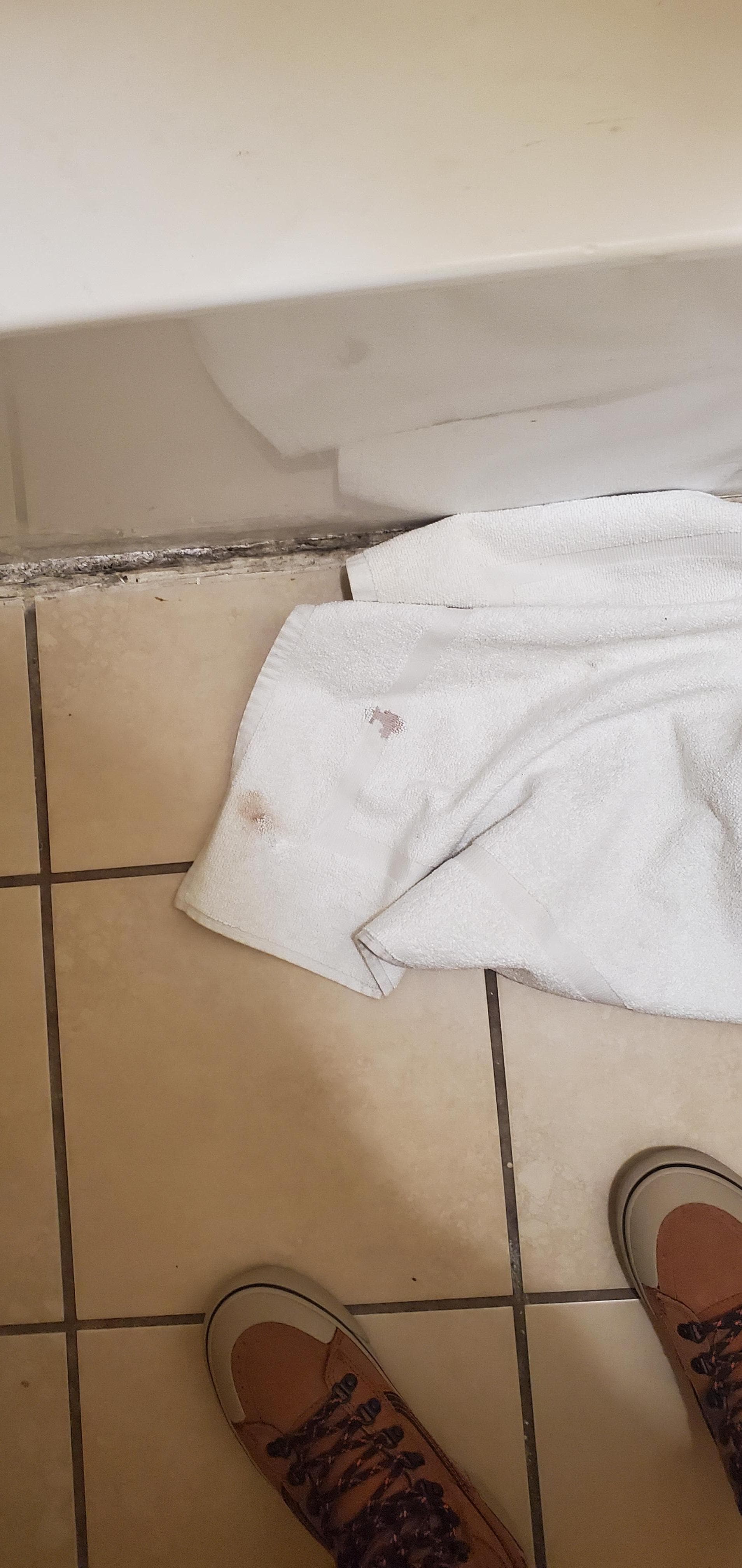 Bloody hand towel in the bathroom floor when checking in