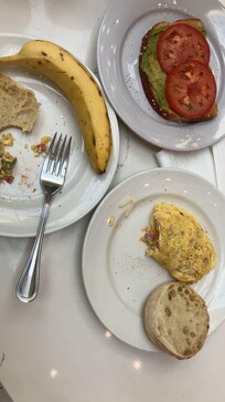 Made to order omelette, Avocado toast with tomatoes, fruit great variety.