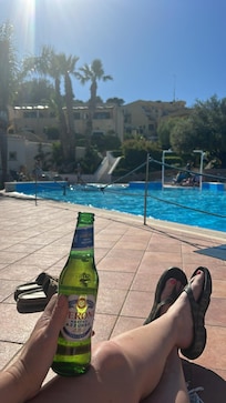 Pool side with vending machine beer and beautiful Mountain View’s
