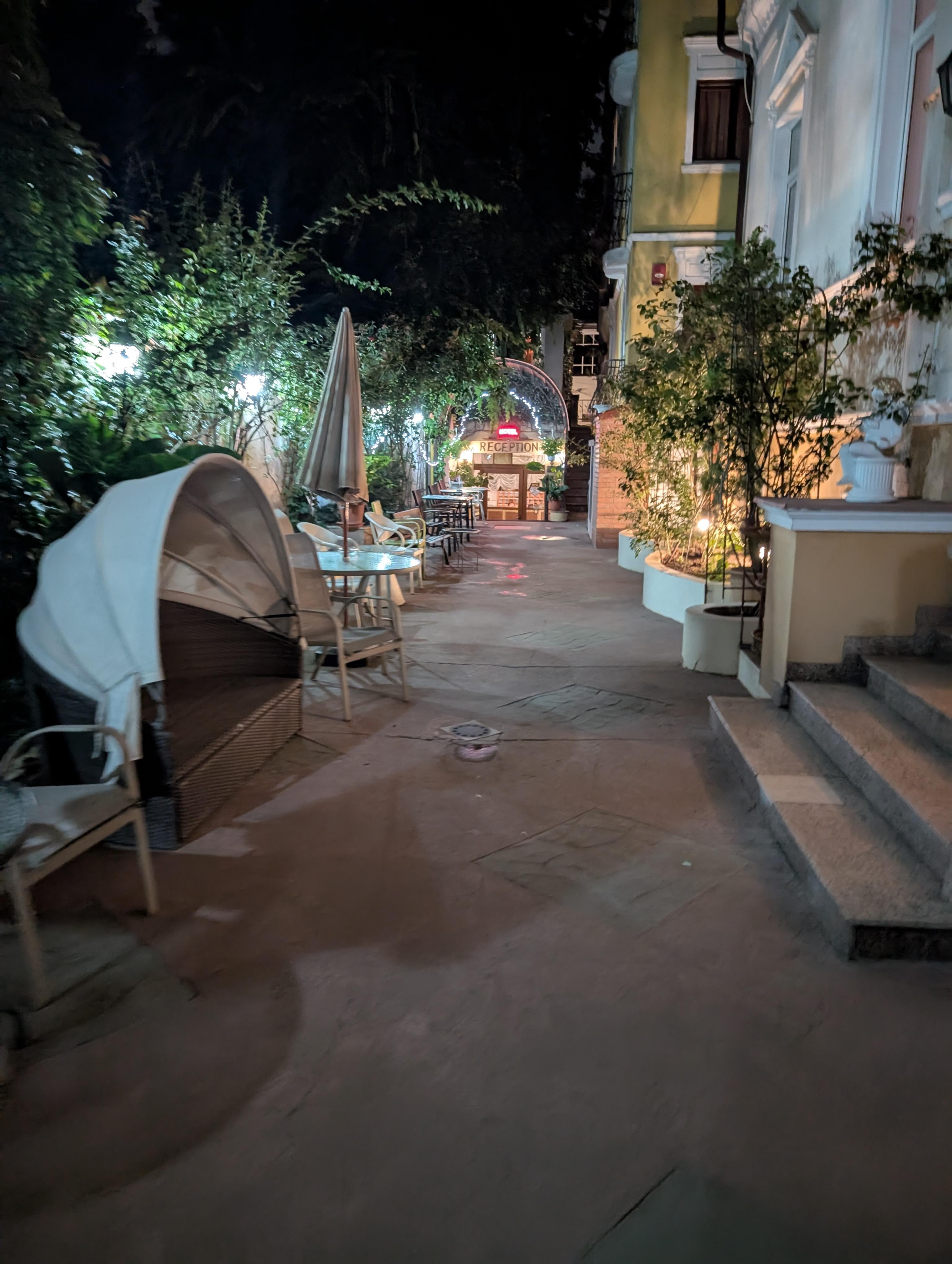 The entrance at night is magical!