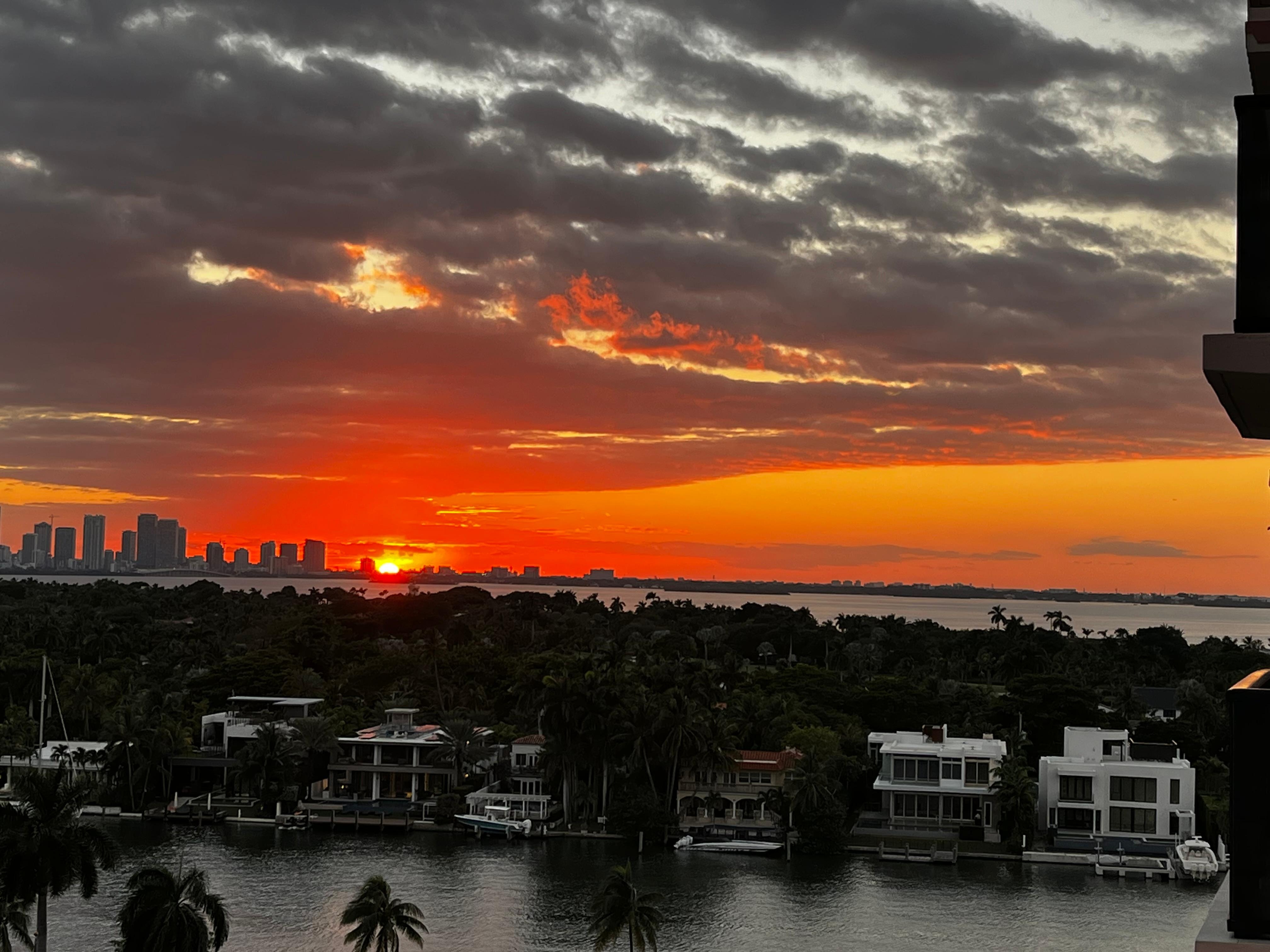 Sunset over lagoon as seen from deck. 