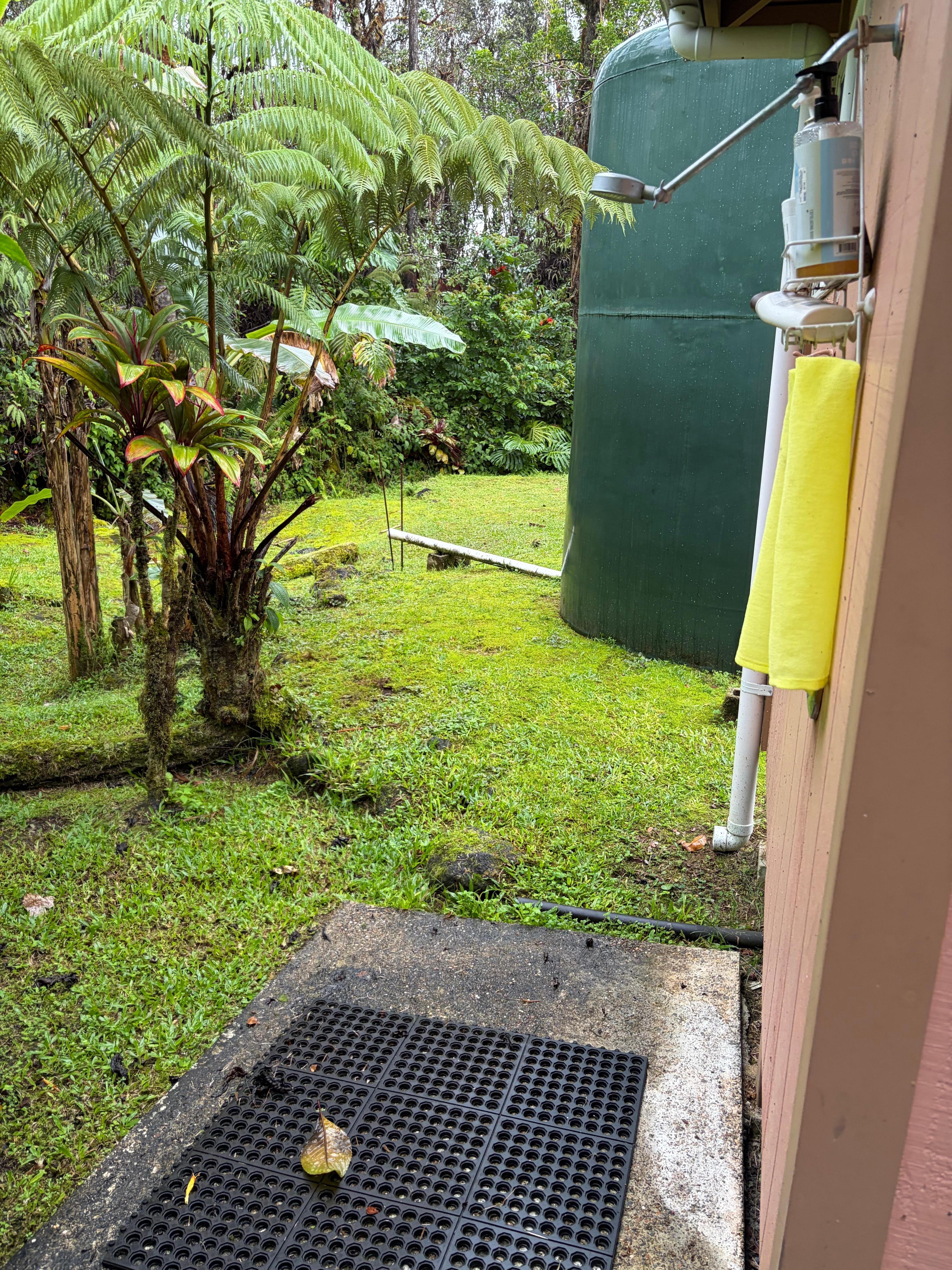 Outdoor shower handy for rinsing off from black sand beaches. 