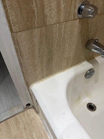 Mold on the door frame and staining in the tub.