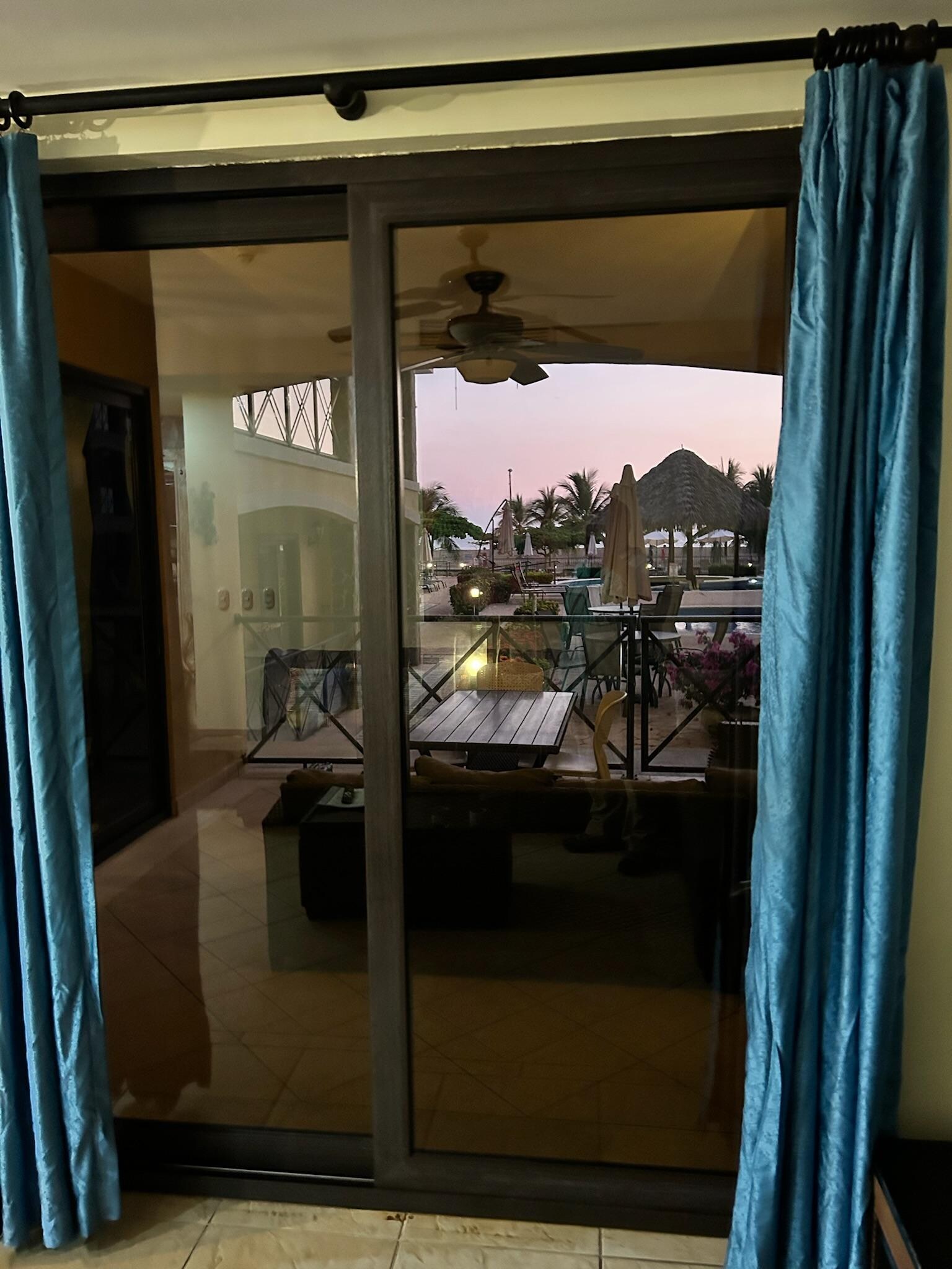 Out onto patio towards beach