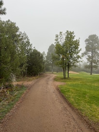 The cart path just steps away from the cabin