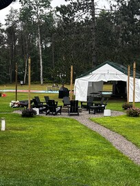 Fire pit and walkway. Walkway has lighting built-in.